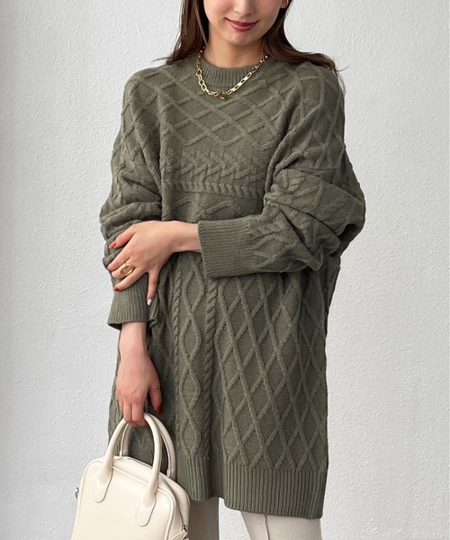 Shelly island（シェリーアイランド）の「ランダムケーブルニット（ニット/セーター・レディース・パープル/ホワイト/カーキ/ベージュ・FREE）」の3枚目の写真