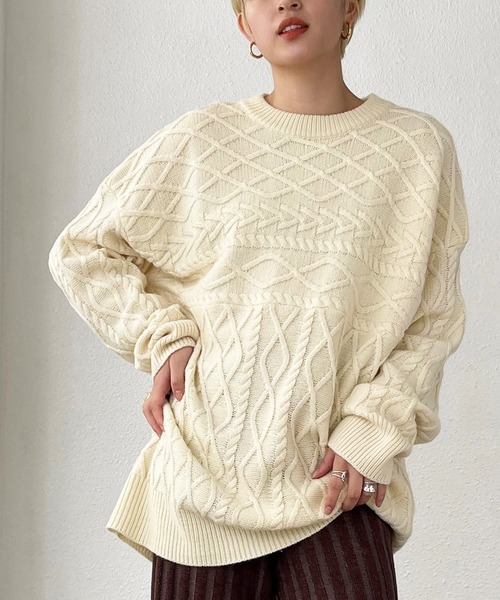 Shelly island（シェリーアイランド）の「ランダムケーブルニット（ニット/セーター・レディース・パープル/ホワイト/カーキ/ベージュ・FREE）」の5枚目の写真