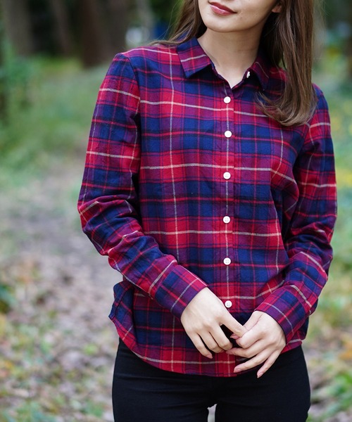 GIORDANO（ジョルダーノ）の「[ GIORDANO ] コットン長袖チェックフランネルシャツ（シャツ/ブラウス・レディース・ブラウン/ピンク/レッド・SMALL/MEDIUM/LARGE/X-LARGE）」の3枚目の写真