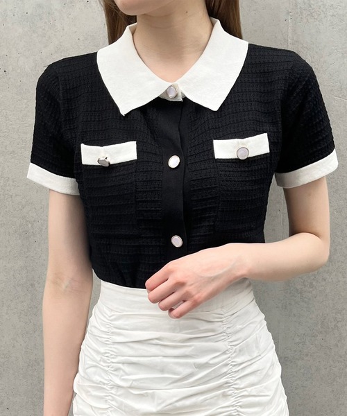 Voyage titty&Co.PETIT（ボヤージュティティアンドコープチ）の「【Voyage titty&Co. PETIT】voyage2022SSポロニットプルオーバー（ニット/セーター・レディース・ホワイト/ブラック・FREE）」の2枚目の写真