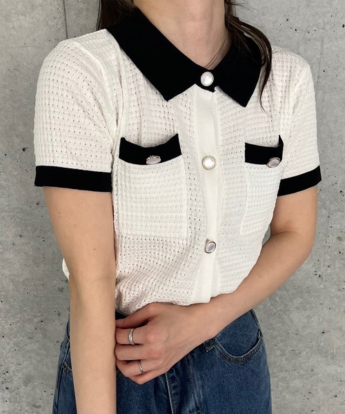 Voyage titty&Co.PETIT（ボヤージュティティアンドコープチ）の「【Voyage titty&Co. PETIT】voyage2022SSポロニットプルオーバー（ニット/セーター・レディース・ホワイト/ブラック・FREE）」の6枚目の写真