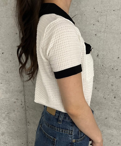 Voyage titty&Co.PETIT（ボヤージュティティアンドコープチ）の「【Voyage titty&Co. PETIT】voyage2022SSポロニットプルオーバー（ニット/セーター・レディース・ホワイト/ブラック・FREE）」の4枚目の写真