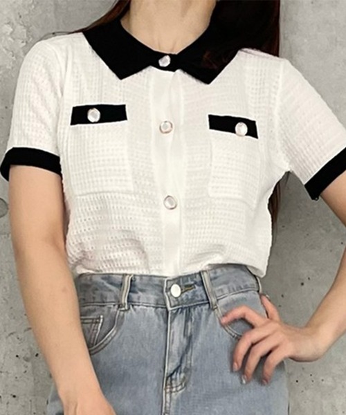 Voyage titty&Co.PETIT（ボヤージュティティアンドコープチ）の「【Voyage titty&Co. PETIT】voyage2022SSポロニットプルオーバー（ニット/セーター・レディース・ホワイト/ブラック・FREE）」の13枚目の写真