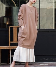 【汚れを弾く、撥水・撥油加工つき！】 シミヘン加工 フレンチバスク ドロップショルダーコクーンワンピース［ボーダー＆無地］