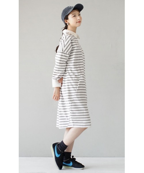 zootie（ズーティー）の「【汚れを弾く、撥水・撥油加工つき！】 シミヘン加工 フレンチバスク ドロップショルダーコクーンワンピース［ボーダー＆無地］（ワンピース・レディース・ホワイト×ブラック/バーガンディー/ブラック/ブラウン系その他/チャコール/レッド系その他/ベージュ系その他/チョコ/ブラック系その他/ダークグリーン/ネイビー/グレー系その他/イエロー系その他/杢グレー/レッド系その他2・フリー）」の22枚目の写真