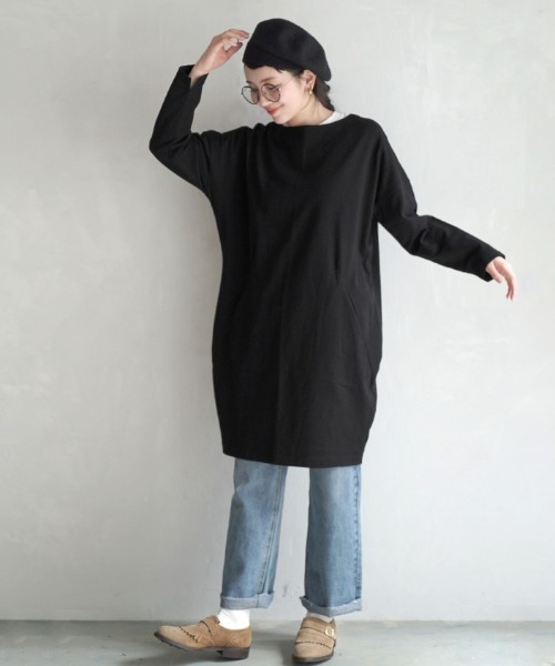 zootie（ズーティー）の「【汚れを弾く、撥水・撥油加工つき！】 シミヘン加工 フレンチバスク ドロップショルダーコクーンワンピース［ボーダー＆無地］（ワンピース・レディース・ホワイト×ブラック/バーガンディー/ブラック/ブラウン系その他/チャコール/レッド系その他/ベージュ系その他/チョコ/ブラック系その他/ダークグリーン/ネイビー/グレー系その他/イエロー系その他/杢グレー/レッド系その他2・フリー）」の20枚目の写真