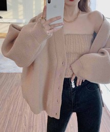 ケーブル編クロップドニットキャミソール+ボリュームスリーブニットカーディガン アンサンブル