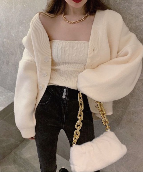 meJane（ミージェーン）の「ケーブル編クロップドニットキャミソール+ボリュームスリーブニットカーディガン アンサンブル（アンサンブル・レディース・ベージュ/オフホワイト・FREE）」の4枚目の写真