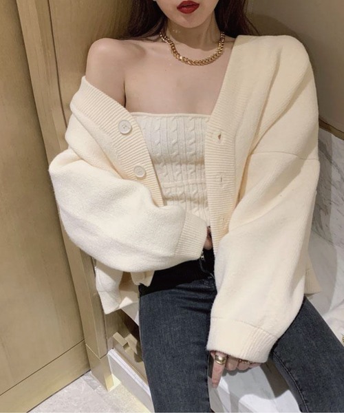 meJane（ミージェーン）の「ケーブル編クロップドニットキャミソール+ボリュームスリーブニットカーディガン アンサンブル（アンサンブル・レディース・ベージュ/オフホワイト・FREE）」の10枚目の写真