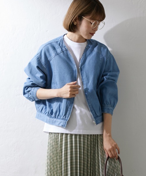 Le temps riche（ルタンリッシュ）の「【販売終了】ノーカラーデニムジップジャケット ＜Le temps riche＞（デニムジャケット・レディース・サックスブルー/ネイビー・M/LL/L）」の2枚目の写真