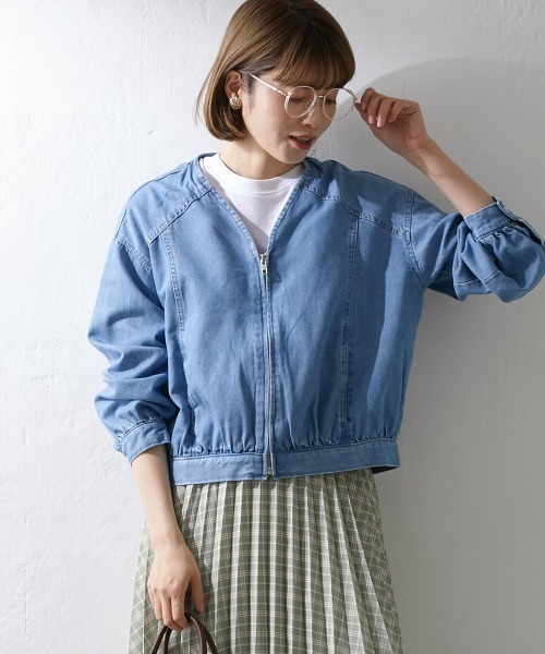 Le temps riche（ルタンリッシュ）の「【販売終了】ノーカラーデニムジップジャケット ＜Le temps riche＞（デニムジャケット・レディース・サックスブルー/ネイビー・M/LL/L）」の3枚目の写真