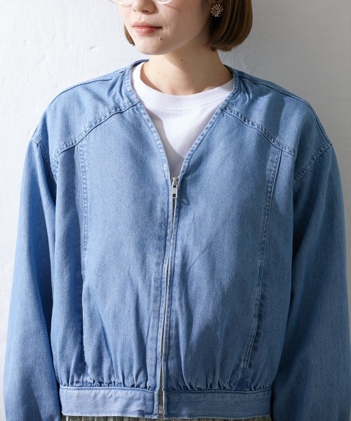 Le temps riche（ルタンリッシュ）の「【販売終了】ノーカラーデニムジップジャケット ＜Le temps riche＞（デニムジャケット・レディース・サックスブルー/ネイビー・M/LL/L）」の11枚目の写真
