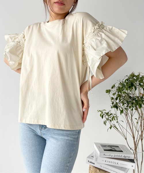 Meli rich（メリーリッチ）の「袖切り替えTシャツ（Tシャツ/カットソー・レディース・ブラック/チャコールグレー/ホワイト/ベージュ・MEDIUM）」の2枚目の写真