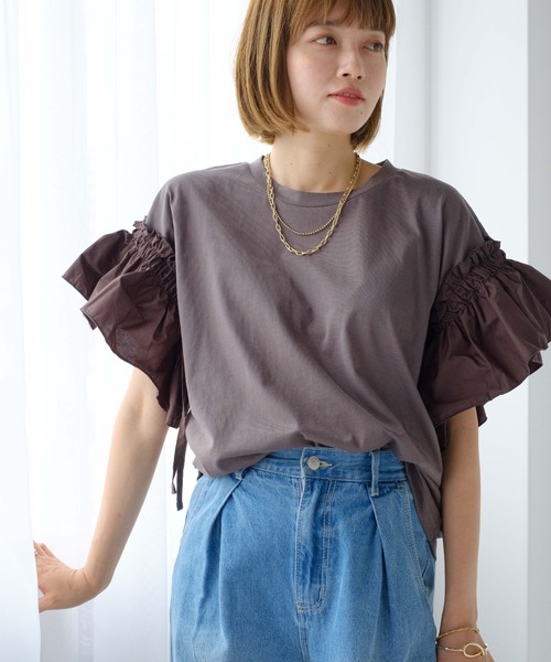 Meli rich（メリーリッチ）の「袖切り替えTシャツ（Tシャツ/カットソー・レディース・ブラック/チャコールグレー/ホワイト/ベージュ・MEDIUM）」の4枚目の写真