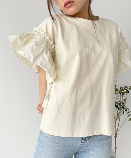 Meli rich（メリーリッチ）の「袖切り替えTシャツ（Tシャツ/カットソー・レディース・ブラック/チャコールグレー/ホワイト/ベージュ・MEDIUM）」の10枚目の写真