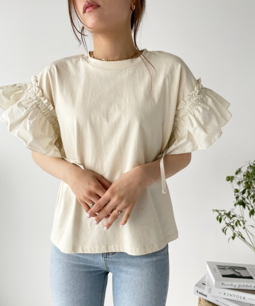 Meli rich（メリーリッチ）の「袖切り替えTシャツ（Tシャツ/カットソー・レディース・ブラック/チャコールグレー/ホワイト/ベージュ・MEDIUM）」の8枚目の写真