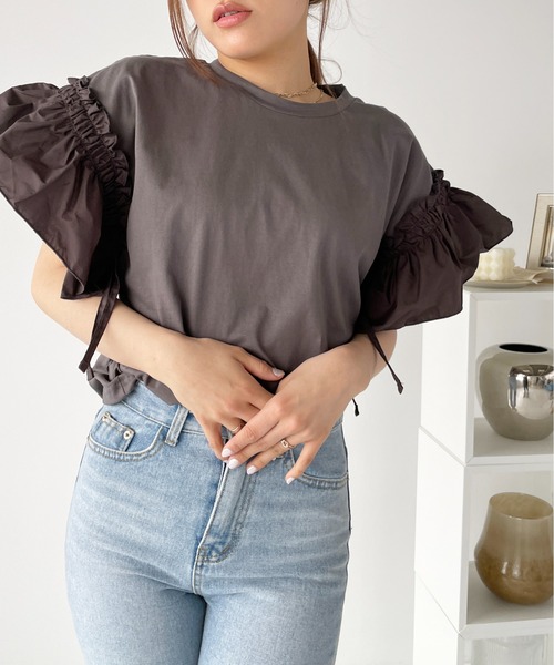 Meli rich（メリーリッチ）の「袖切り替えTシャツ（Tシャツ/カットソー・レディース・ブラック/チャコールグレー/ホワイト/ベージュ・MEDIUM）」の16枚目の写真