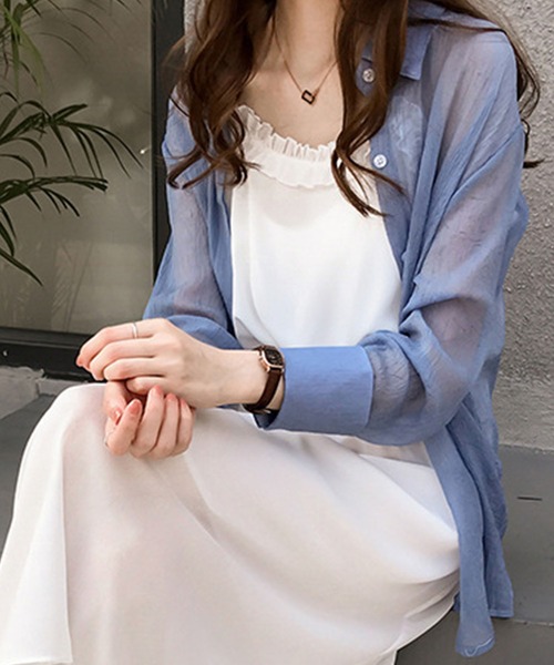 Dewlily(デューリリー)の「シアー長袖シャツ(シャツ/ブラウス・レディース・グリーン/ブルー/ピンク・L/M/XL)」の2枚目の写真