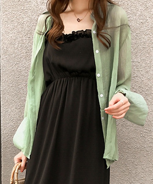 Dewlily(デューリリー)の「シアー長袖シャツ(シャツ/ブラウス・レディース・グリーン/ブルー/ピンク・L/M/XL)」の4枚目の写真
