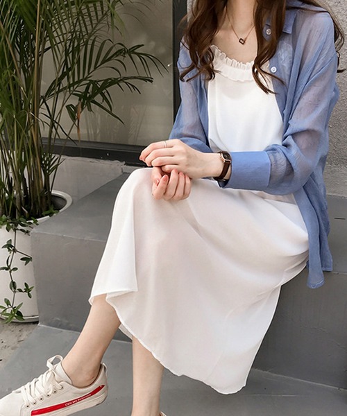 Dewlily(デューリリー)の「シアー長袖シャツ(シャツ/ブラウス・レディース・グリーン/ブルー/ピンク・L/M/XL)」の7枚目の写真