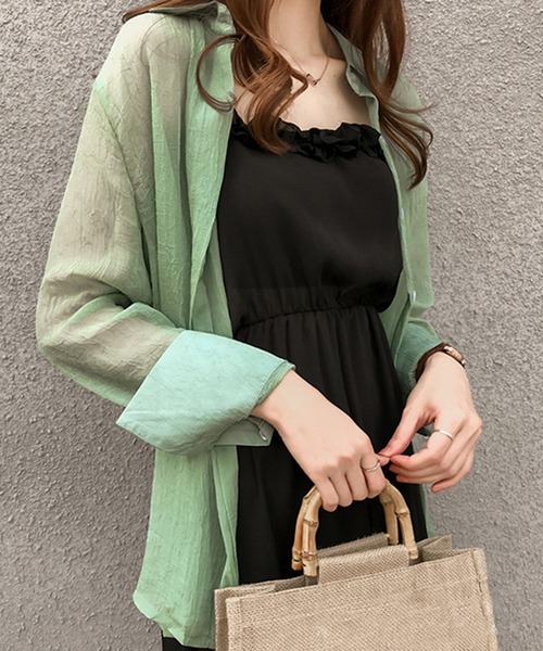 Dewlily(デューリリー)の「シアー長袖シャツ(シャツ/ブラウス・レディース・グリーン/ブルー/ピンク・L/M/XL)」の9枚目の写真