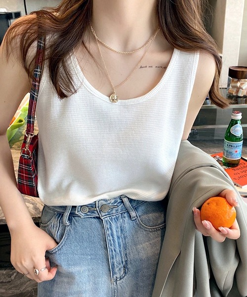SHEENA(シーナ)の「ワッフルタンクトップ(Tシャツ/カットソー・レディース・ブラック/ホワイト/ミント・M)」の1枚目の写真