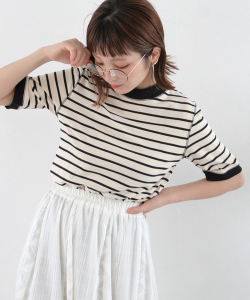 Crisp（クリスプ）の「ボーダーリンガーTシャツ（Tシャツ/カットソー・レディース・ブラック/ブルー/レッド・FREE）」の2枚目の写真