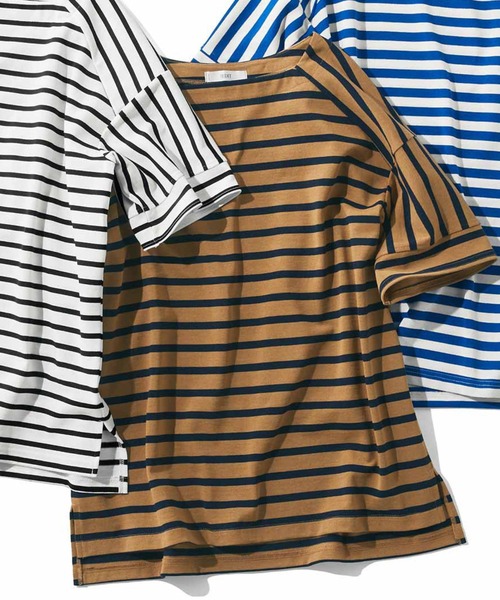 IEDIT（イディット）の「ＩＥＤＩＴ　強撚天じく素材でサラッとした着心地　ゆるシルエットボーダートップス（Tシャツ/カットソー・レディース・ホワイト×ブルー/ホワイト×ブラック/ブラウン系その他・MEDIUM/LARGE/X-LARGE/XX-LARGE/SMALL/XXX-LARGE）」の2枚目の写真