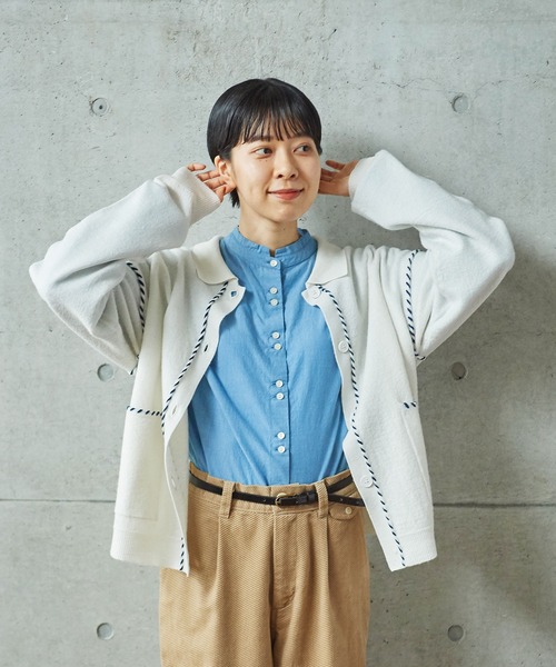 PAR ICI（パーリッシィ）の「圧縮ブランケットステッチ 襟付きカーディガン（カーディガン/ボレロ・レディース・レッド/ホワイト/ダークブラウン・FREE）」の13枚目の写真