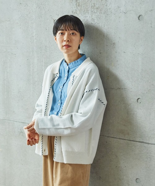 PAR ICI（パーリッシィ）の「圧縮ブランケットステッチ 襟付きカーディガン（カーディガン/ボレロ・レディース・レッド/ホワイト/ダークブラウン・FREE）」の12枚目の写真