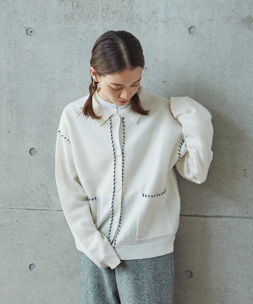 PAR ICI（パーリッシィ）の「圧縮ブランケットステッチ 襟付きカーディガン（カーディガン/ボレロ・レディース・レッド/ホワイト/ダークブラウン・FREE）」の5枚目の写真