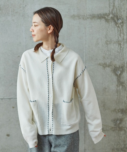 PAR ICI（パーリッシィ）の「圧縮ブランケットステッチ 襟付きカーディガン（カーディガン/ボレロ・レディース・レッド/ホワイト/ダークブラウン・FREE）」の7枚目の写真