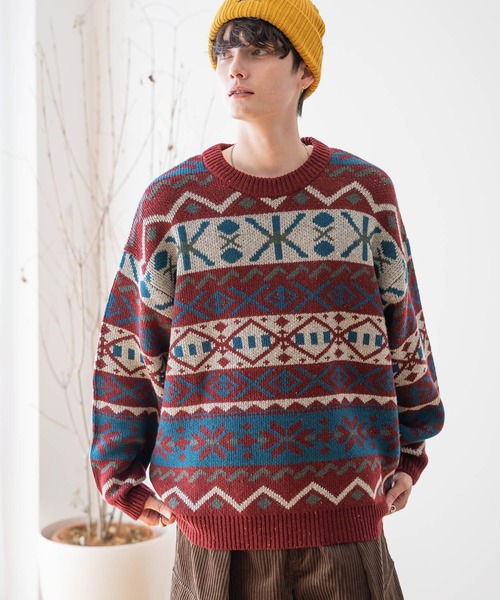 RAGEBLUE（レイジブルー）の「【green mountain threadworks】ノルディック柄/クルーネックルーズニット（ニット/セーター・メンズ・レッド/ホワイト・LARGE/MEDIUM）」の6枚目の写真