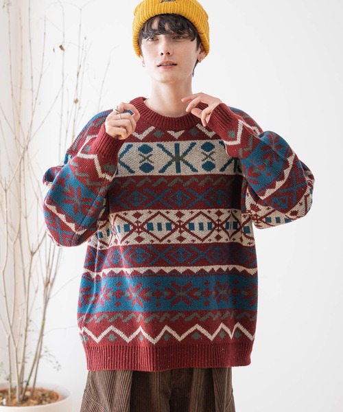 RAGEBLUE（レイジブルー）の「【green mountain threadworks】ノルディック柄/クルーネックルーズニット（ニット/セーター・メンズ・レッド/ホワイト・LARGE/MEDIUM）」の7枚目の写真