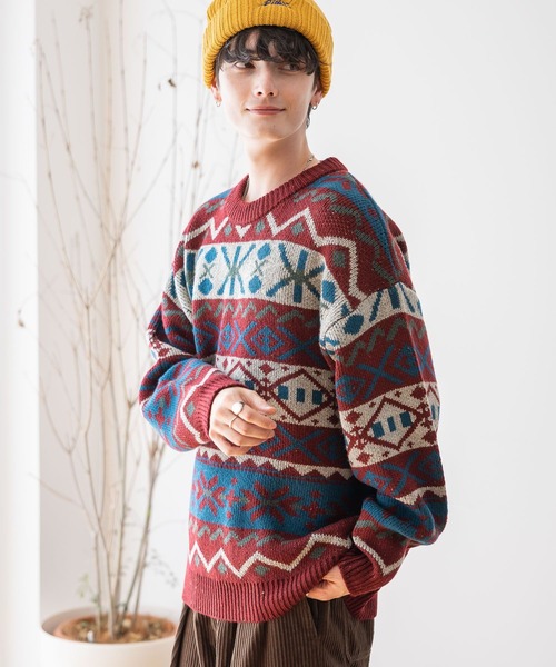 RAGEBLUE（レイジブルー）の「【green mountain threadworks】ノルディック柄/クルーネックルーズニット（ニット/セーター・メンズ・レッド/ホワイト・LARGE/MEDIUM）」の8枚目の写真