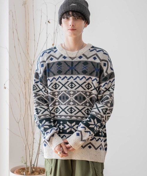 RAGEBLUE（レイジブルー）の「【green mountain threadworks】ノルディック柄/クルーネックルーズニット（ニット/セーター・メンズ・レッド/ホワイト・LARGE/MEDIUM）」の9枚目の写真