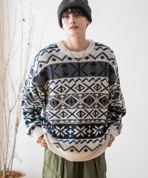 RAGEBLUE（レイジブルー）の「【green mountain threadworks】ノルディック柄/クルーネックルーズニット（ニット/セーター・メンズ・レッド/ホワイト・LARGE/MEDIUM）」の10枚目の写真
