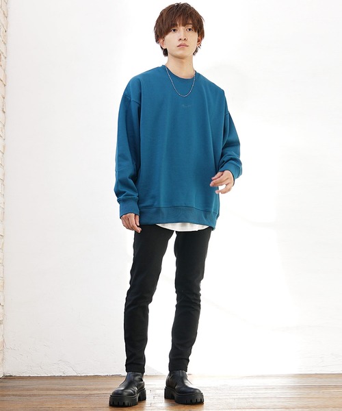 meong blueビッグシルエット裏起毛スウェットM MinoriTY】裏起毛フラワー刺繍ビッグトレーナー スウェット