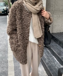 N.s | ゴールドボタンノーカラーファーコート(ノーカラーコート)