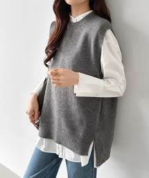 COCOMOMO | クルーネックニットベスト サイドスリット ニット ベスト クルーネック レイヤード オフィスカジュアル 春服 秋服 冬服(ベスト)