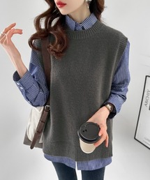 クルーネックニットベスト サイドスリット ニット ベスト クルーネック レイヤード オフィスカジュアル 春服 秋服 冬服