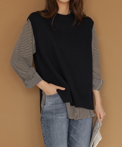 COCOMOMO（ココモモ）の「クルーネックニットベスト サイドスリット ニット ベスト クルーネック レイヤード オフィスカジュアル 春服 秋服 冬服（ベスト・レディース・グレー/アイボリー/ダークグレー/ブラック/ブラウン/ネイビー・FREE）」の7枚目の写真