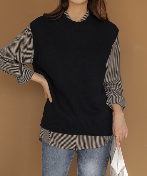 COCOMOMO（ココモモ）の「クルーネックニットベスト サイドスリット ニット ベスト クルーネック レイヤード オフィスカジュアル 春服 秋服 冬服（ベスト・レディース・グレー/アイボリー/ダークグレー/ブラック/ブラウン/ネイビー・FREE）」の8枚目の写真