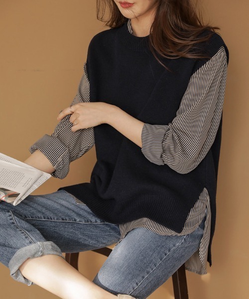 COCOMOMO（ココモモ）の「クルーネックニットベスト サイドスリット ニット ベスト クルーネック レイヤード オフィスカジュアル 春服 秋服 冬服（ベスト・レディース・グレー/アイボリー/ダークグレー/ブラック/ブラウン/ネイビー・FREE）」の9枚目の写真