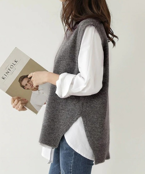 COCOMOMO（ココモモ）の「クルーネックニットベスト サイドスリット ニット ベスト クルーネック レイヤード オフィスカジュアル 春服 秋服 冬服（ベスト・レディース・グレー/アイボリー/ダークグレー/ブラック/ブラウン/ネイビー・FREE）」の17枚目の写真