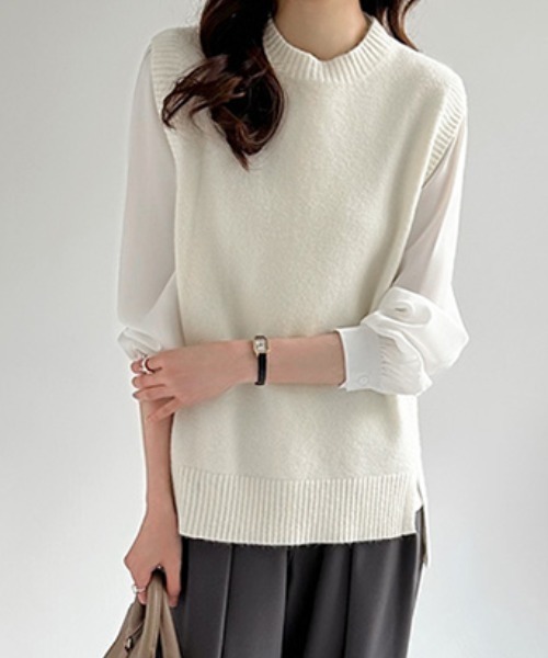 COCOMOMO（ココモモ）の「クルーネックニットベスト サイドスリット ニット ベスト クルーネック レイヤード オフィスカジュアル 春服 秋服 冬服（ベスト・レディース・グレー/アイボリー/ダークグレー/ブラック/ブラウン/ネイビー・FREE）」の20枚目の写真