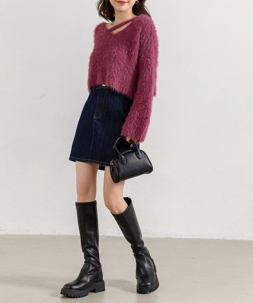 DAY CLOSET（デイ クローゼット）の「【モチモチ手触り】ショート丈 オープンライン アンゴラ風 シャギー ニット セータートップス 秋冬 レディース（ニット/セーター・レディース・ホワイト/ベージュ/パープル/ブラック/グレー・FREE）」の7枚目の写真