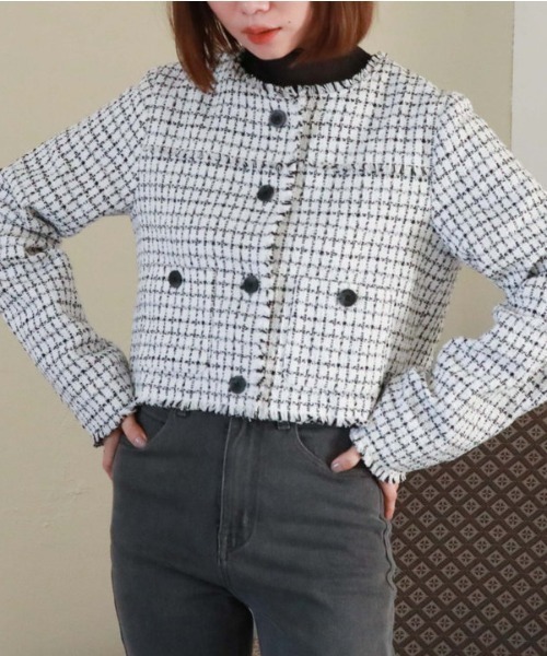 archives（アルシーヴ）の「ノーカラーツイードフリンジジャケット（ノーカラージャケット・レディース・ブラック/アイボリー・MEDIUM）」の4枚目の写真