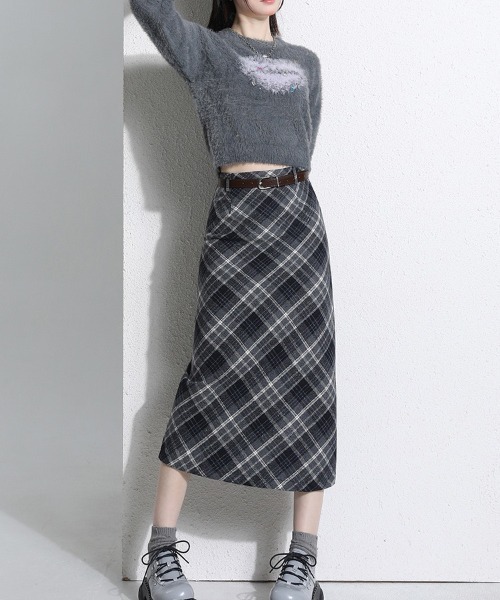 gossip！ロサンゼルス（ゴシップロサンゼルス）の「【サイズあり】ウールライク　チェック ヴィンテージ カジュアル 厚手Aラインロングスカート【ベルト付】（秋冬の韓国ファッションガーリー定番）（スカート・レディース・グレー/ブラウン・L/M/S）」の4枚目の写真