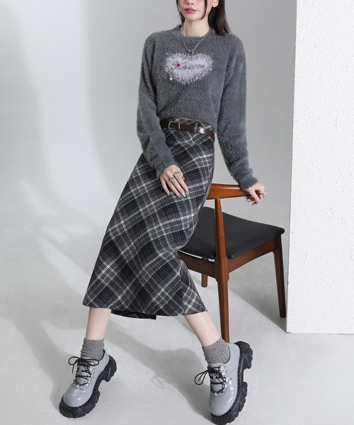 gossip！ロサンゼルス（ゴシップロサンゼルス）の「【サイズあり】ウールライク　チェック ヴィンテージ カジュアル 厚手Aラインロングスカート【ベルト付】（秋冬の韓国ファッションガーリー定番）（スカート・レディース・グレー/ブラウン・L/M/S）」の8枚目の写真